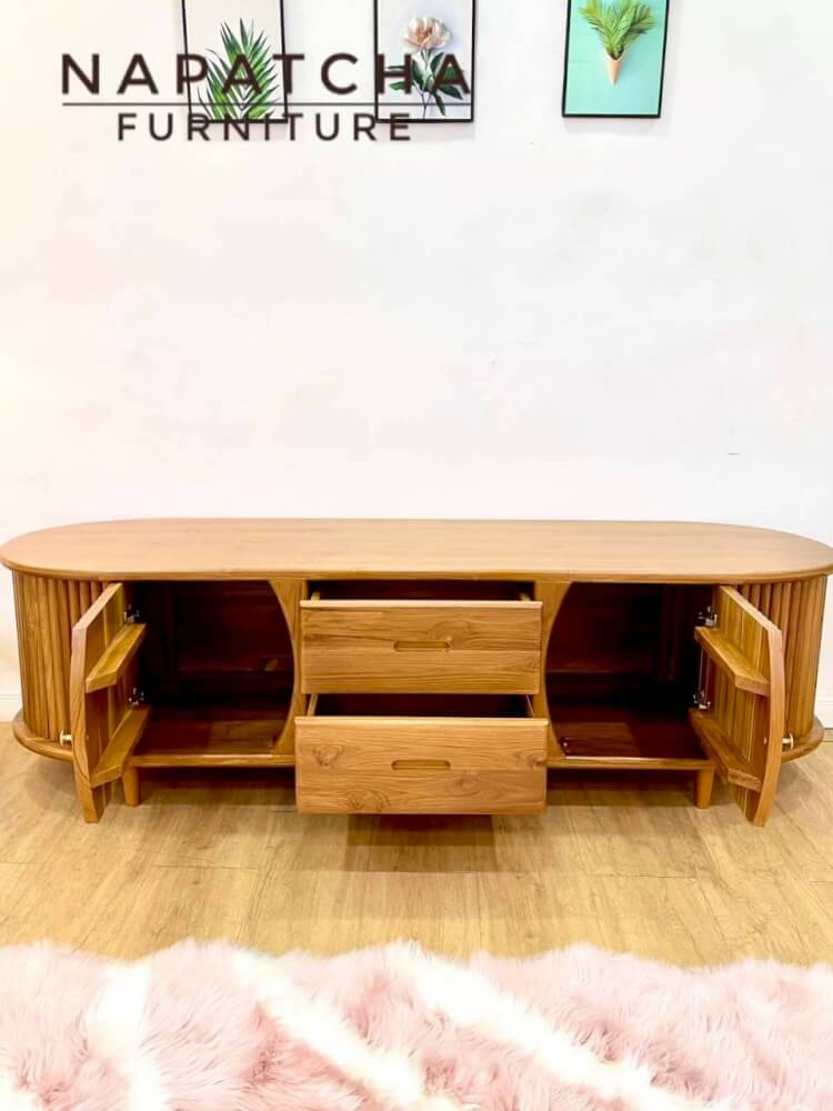 ตู้วางทีวี NAPATCHA FURNITURE รุ่นบานเปิด-ลูกฟูก 2 ลิ้นชัก ไม้สักแท้ ขนาด 180X50X60 ซม. สีไม้สักธรรมชาติ